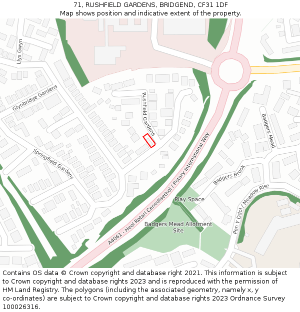 71, RUSHFIELD GARDENS, BRIDGEND, CF31 1DF: Location map and indicative extent of plot
