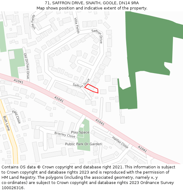 71, SAFFRON DRIVE, SNAITH, GOOLE, DN14 9RA: Location map and indicative extent of plot