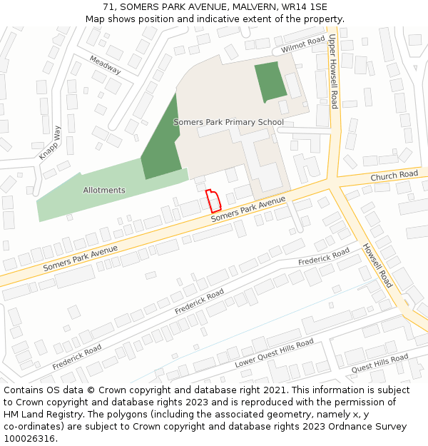 71, SOMERS PARK AVENUE, MALVERN, WR14 1SE: Location map and indicative extent of plot
