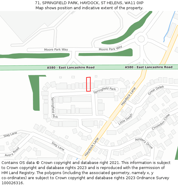 71, SPRINGFIELD PARK, HAYDOCK, ST HELENS, WA11 0XP: Location map and indicative extent of plot