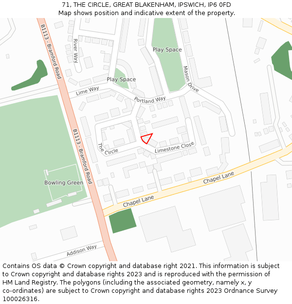 71, THE CIRCLE, GREAT BLAKENHAM, IPSWICH, IP6 0FD: Location map and indicative extent of plot