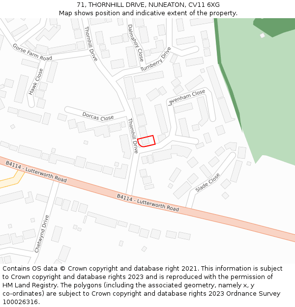 71, THORNHILL DRIVE, NUNEATON, CV11 6XG: Location map and indicative extent of plot