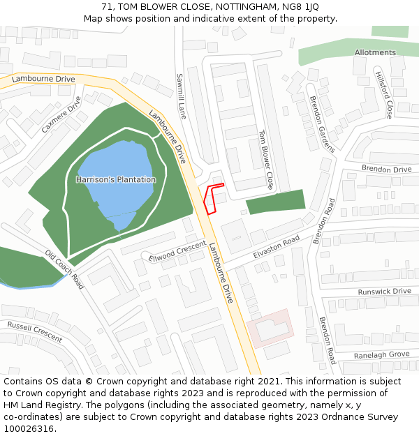 71, TOM BLOWER CLOSE, NOTTINGHAM, NG8 1JQ: Location map and indicative extent of plot