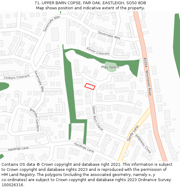71, UPPER BARN COPSE, FAIR OAK, EASTLEIGH, SO50 8DB: Location map and indicative extent of plot