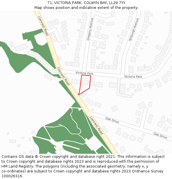 71, VICTORIA PARK, COLWYN BAY, LL29 7YY: Location map and indicative extent of plot