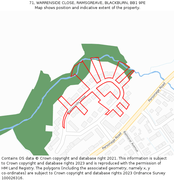 71, WARRENSIDE CLOSE, RAMSGREAVE, BLACKBURN, BB1 9PE: Location map and indicative extent of plot