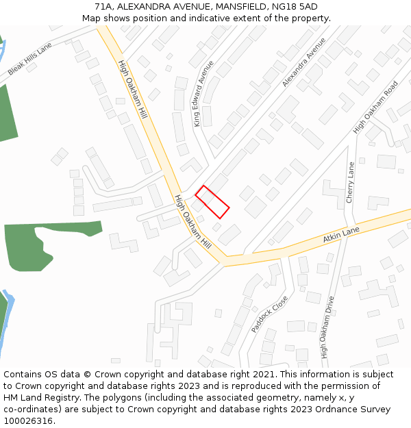 71A, ALEXANDRA AVENUE, MANSFIELD, NG18 5AD: Location map and indicative extent of plot
