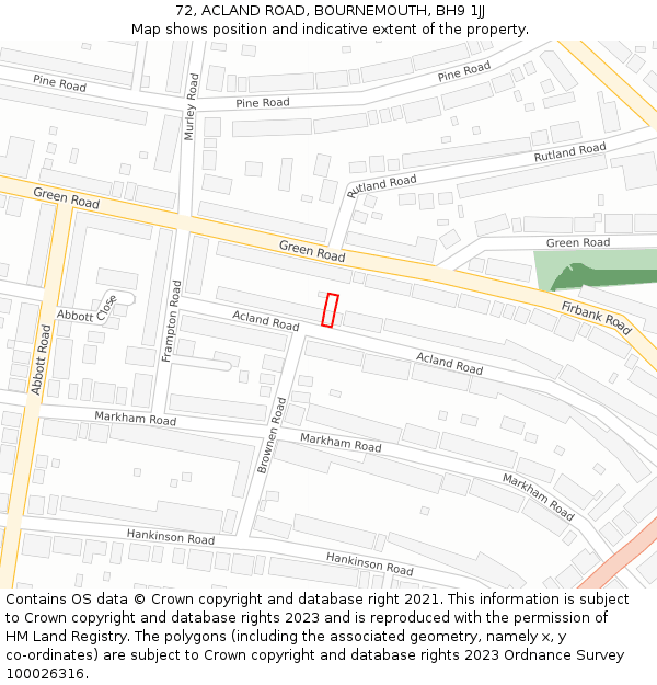 72, ACLAND ROAD, BOURNEMOUTH, BH9 1JJ: Location map and indicative extent of plot