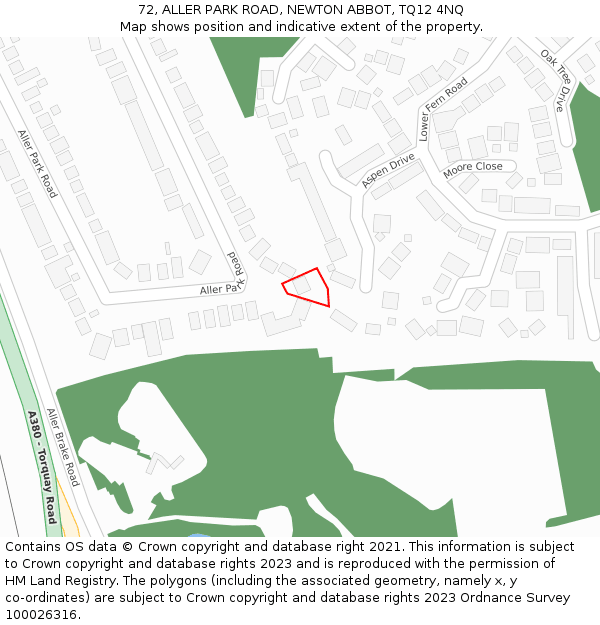 72, ALLER PARK ROAD, NEWTON ABBOT, TQ12 4NQ: Location map and indicative extent of plot