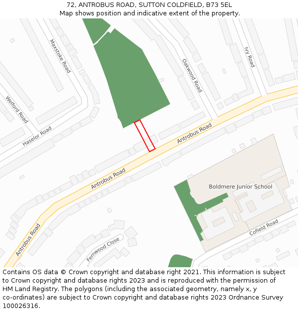 72, ANTROBUS ROAD, SUTTON COLDFIELD, B73 5EL: Location map and indicative extent of plot