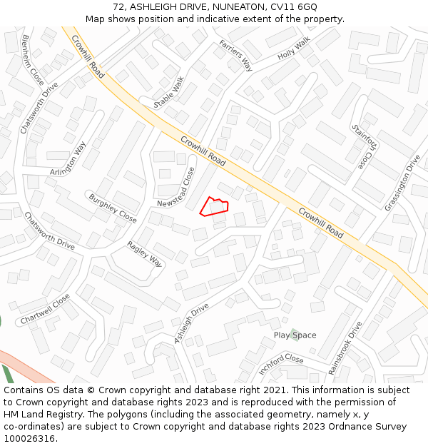 72, ASHLEIGH DRIVE, NUNEATON, CV11 6GQ: Location map and indicative extent of plot
