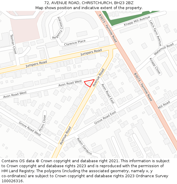 72, AVENUE ROAD, CHRISTCHURCH, BH23 2BZ: Location map and indicative extent of plot