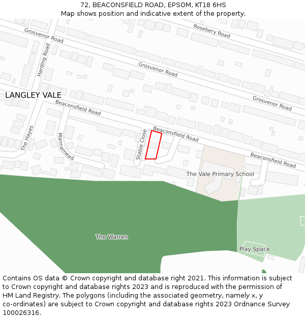 72, BEACONSFIELD ROAD, EPSOM, KT18 6HS: Location map and indicative extent of plot