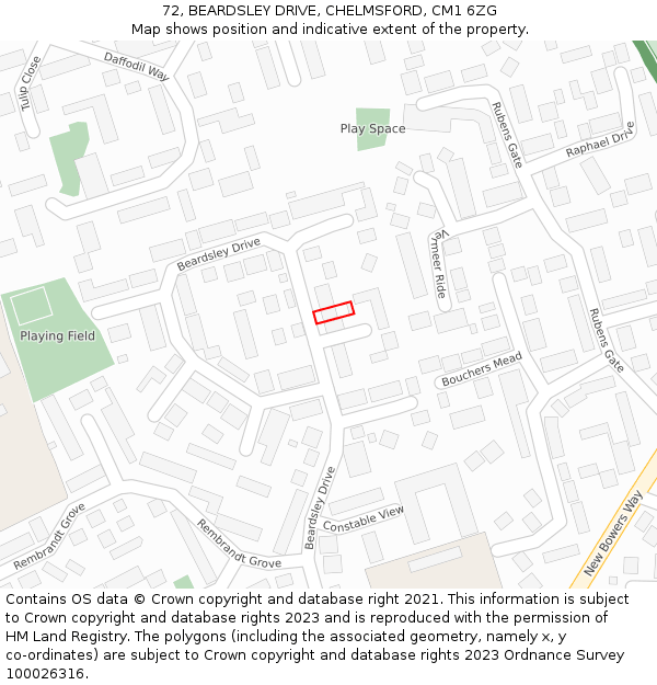 72, BEARDSLEY DRIVE, CHELMSFORD, CM1 6ZG: Location map and indicative extent of plot