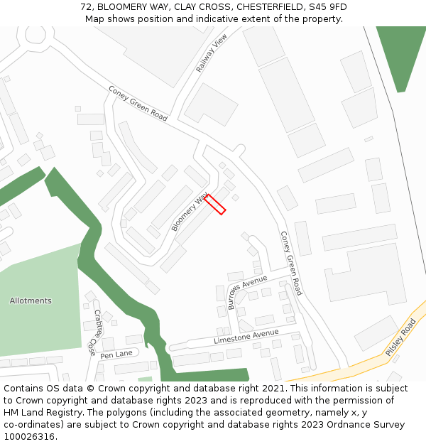 72, BLOOMERY WAY, CLAY CROSS, CHESTERFIELD, S45 9FD: Location map and indicative extent of plot