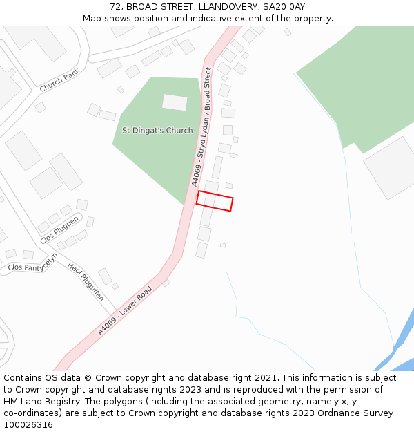 72, BROAD STREET, LLANDOVERY, SA20 0AY: Location map and indicative extent of plot