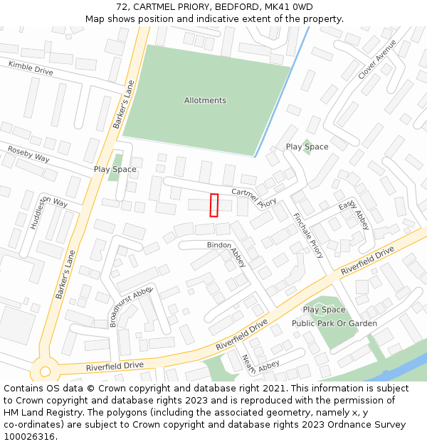 72, CARTMEL PRIORY, BEDFORD, MK41 0WD: Location map and indicative extent of plot