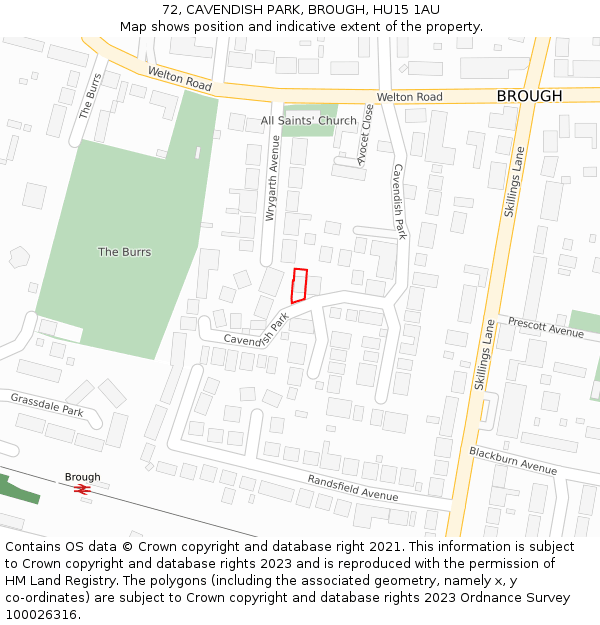72, CAVENDISH PARK, BROUGH, HU15 1AU: Location map and indicative extent of plot