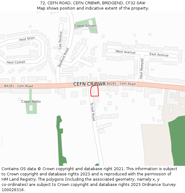 72, CEFN ROAD, CEFN CRIBWR, BRIDGEND, CF32 0AW: Location map and indicative extent of plot