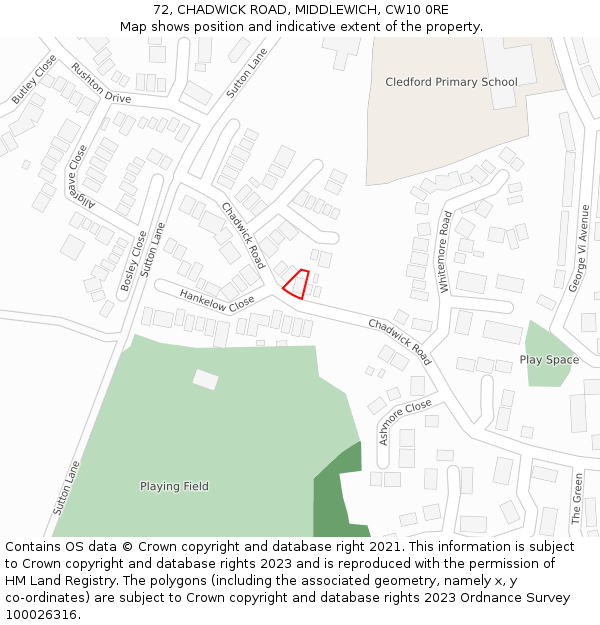 72, CHADWICK ROAD, MIDDLEWICH, CW10 0RE: Location map and indicative extent of plot