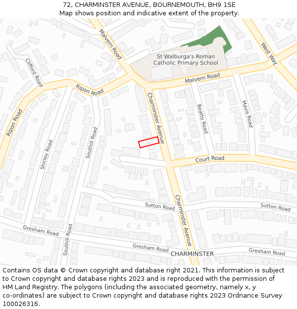72, CHARMINSTER AVENUE, BOURNEMOUTH, BH9 1SE: Location map and indicative extent of plot