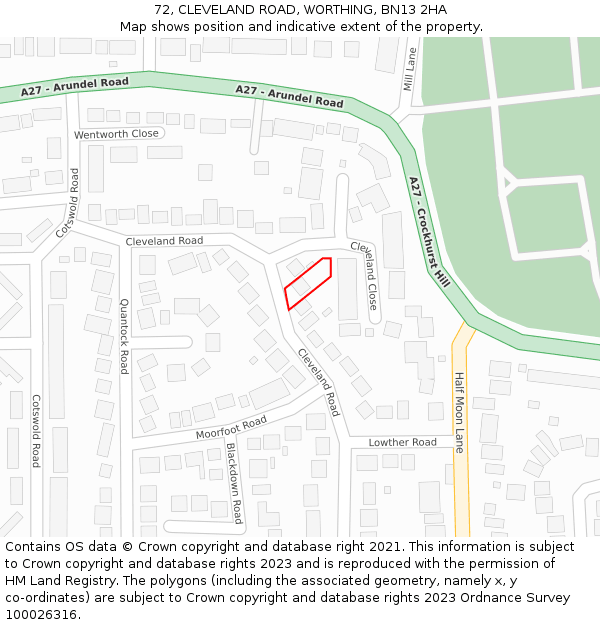 72, CLEVELAND ROAD, WORTHING, BN13 2HA: Location map and indicative extent of plot