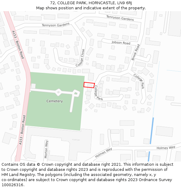72, COLLEGE PARK, HORNCASTLE, LN9 6RJ: Location map and indicative extent of plot