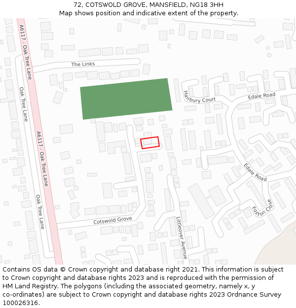 72, COTSWOLD GROVE, MANSFIELD, NG18 3HH: Location map and indicative extent of plot