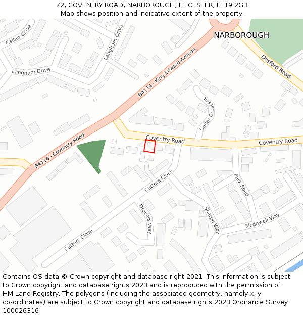 72, COVENTRY ROAD, NARBOROUGH, LEICESTER, LE19 2GB: Location map and indicative extent of plot