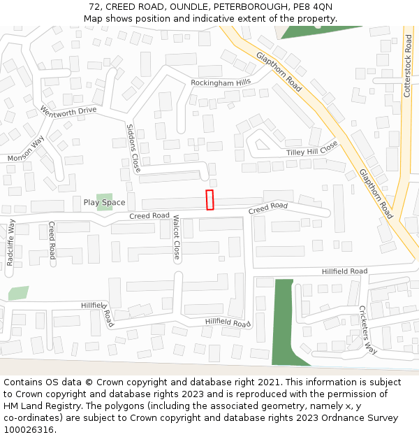 72, CREED ROAD, OUNDLE, PETERBOROUGH, PE8 4QN: Location map and indicative extent of plot