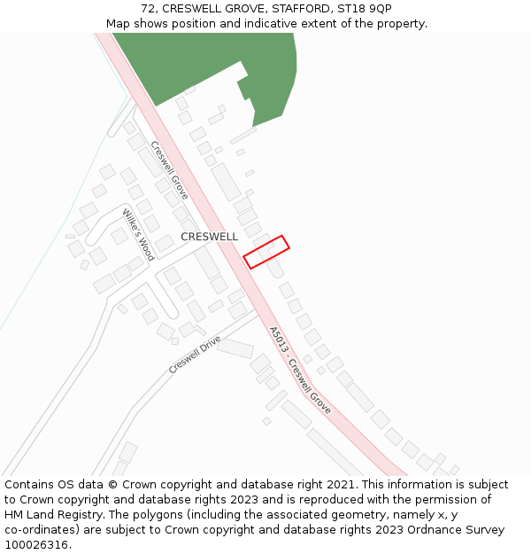 72, CRESWELL GROVE, STAFFORD, ST18 9QP: Location map and indicative extent of plot