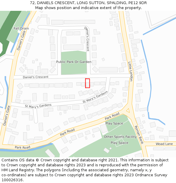 72, DANIELS CRESCENT, LONG SUTTON, SPALDING, PE12 9DR: Location map and indicative extent of plot