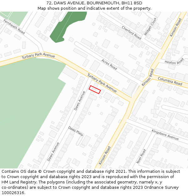 72, DAWS AVENUE, BOURNEMOUTH, BH11 8SD: Location map and indicative extent of plot