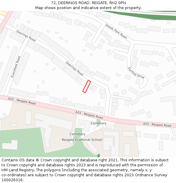 72, DEERINGS ROAD, REIGATE, RH2 0PN: Location map and indicative extent of plot