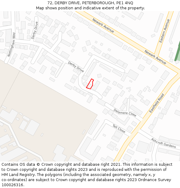 72, DERBY DRIVE, PETERBOROUGH, PE1 4NQ: Location map and indicative extent of plot
