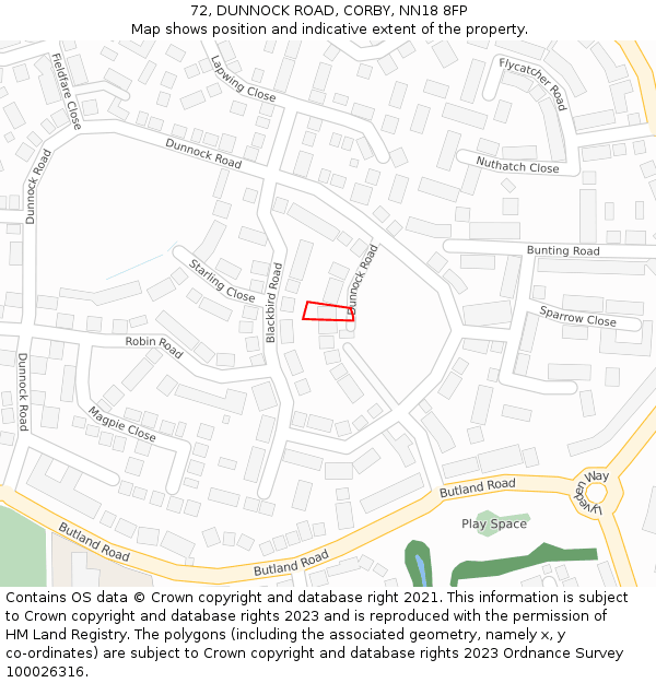 72, DUNNOCK ROAD, CORBY, NN18 8FP: Location map and indicative extent of plot