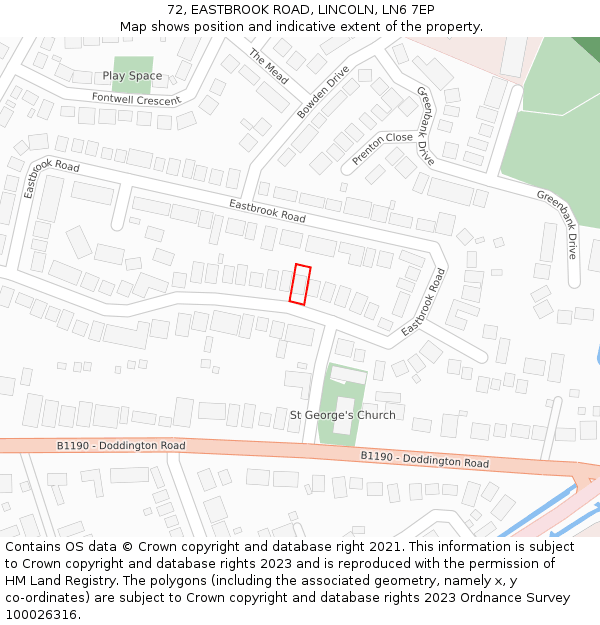 72, EASTBROOK ROAD, LINCOLN, LN6 7EP: Location map and indicative extent of plot