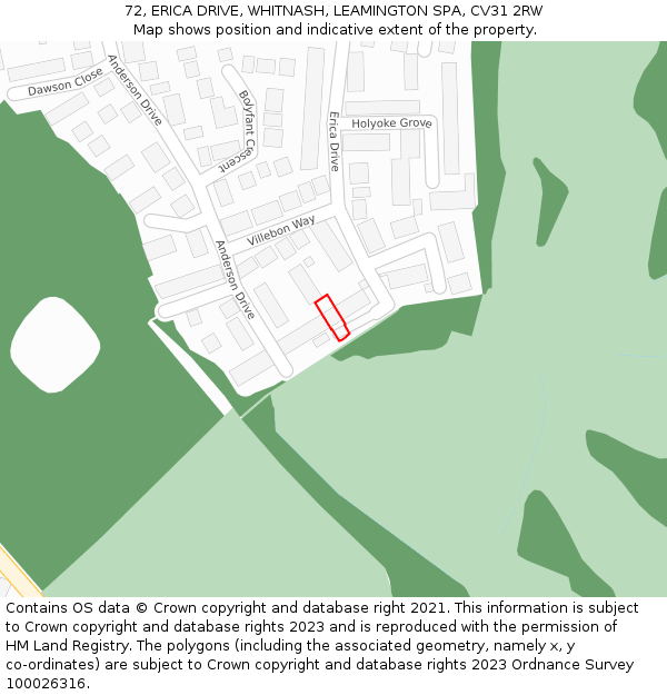 72, ERICA DRIVE, WHITNASH, LEAMINGTON SPA, CV31 2RW: Location map and indicative extent of plot