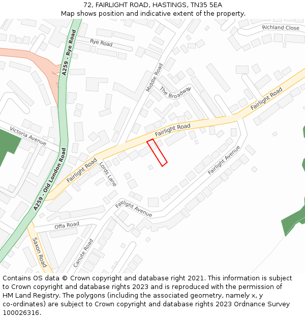 72, FAIRLIGHT ROAD, HASTINGS, TN35 5EA: Location map and indicative extent of plot