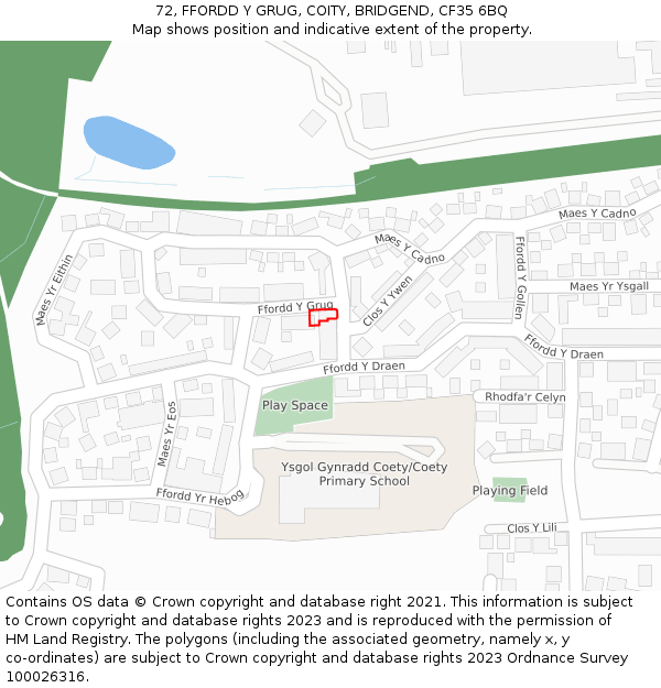 72, FFORDD Y GRUG, COITY, BRIDGEND, CF35 6BQ: Location map and indicative extent of plot