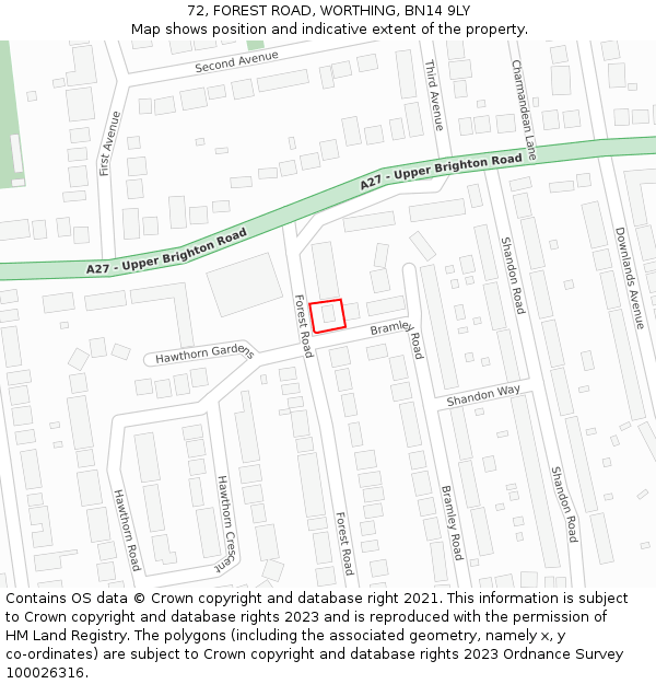 72, FOREST ROAD, WORTHING, BN14 9LY: Location map and indicative extent of plot