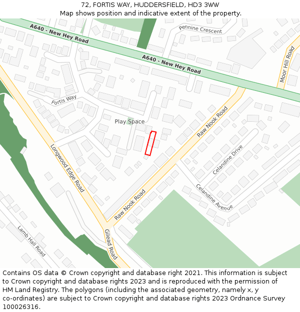 72, FORTIS WAY, HUDDERSFIELD, HD3 3WW: Location map and indicative extent of plot
