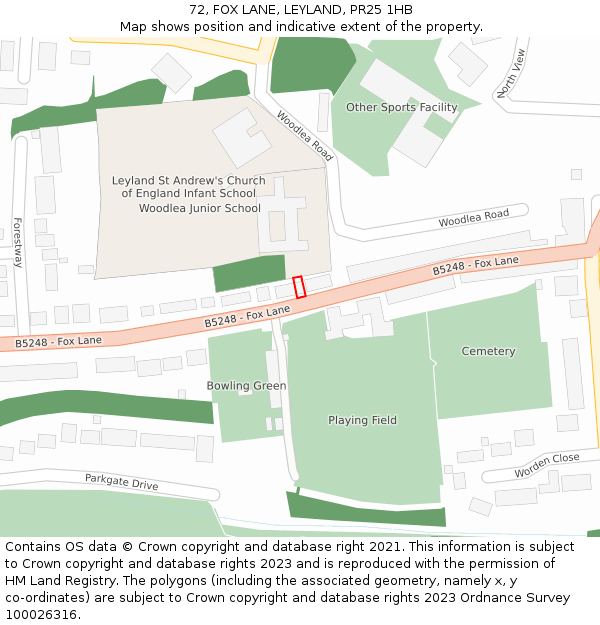 72, FOX LANE, LEYLAND, PR25 1HB: Location map and indicative extent of plot
