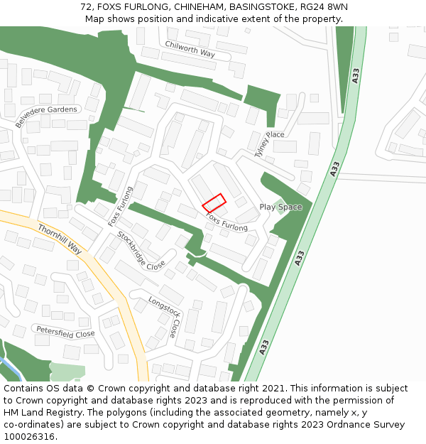 72, FOXS FURLONG, CHINEHAM, BASINGSTOKE, RG24 8WN: Location map and indicative extent of plot