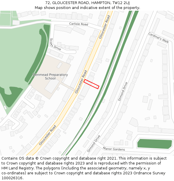72, GLOUCESTER ROAD, HAMPTON, TW12 2UJ: Location map and indicative extent of plot
