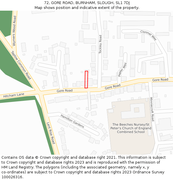 72, GORE ROAD, BURNHAM, SLOUGH, SL1 7DJ: Location map and indicative extent of plot