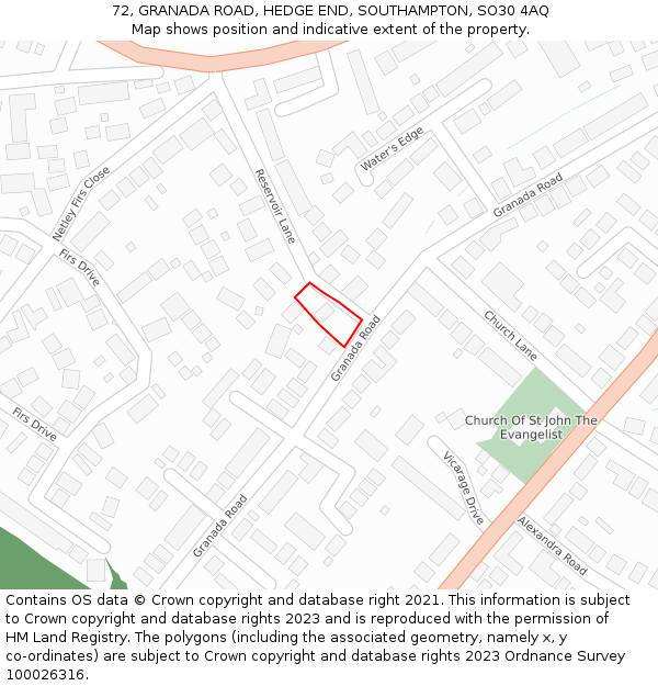 72, GRANADA ROAD, HEDGE END, SOUTHAMPTON, SO30 4AQ: Location map and indicative extent of plot