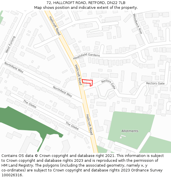 72, HALLCROFT ROAD, RETFORD, DN22 7LB: Location map and indicative extent of plot