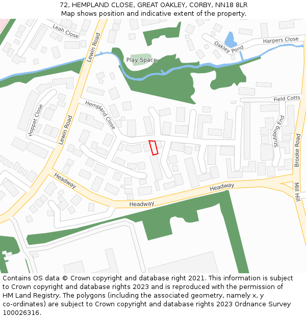 72, HEMPLAND CLOSE, GREAT OAKLEY, CORBY, NN18 8LR: Location map and indicative extent of plot