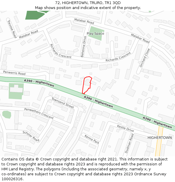 72, HIGHERTOWN, TRURO, TR1 3QD: Location map and indicative extent of plot